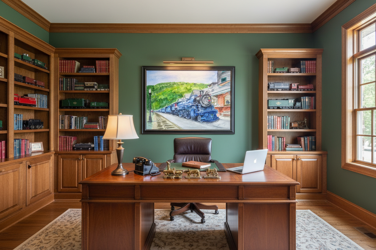 Home office with Quiet Before the Whistle