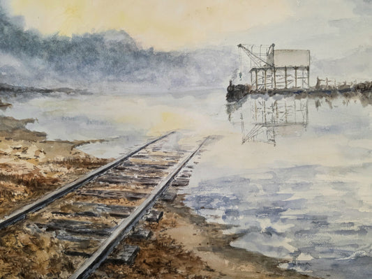 A Mirage Along the Rails, 16x20 original watercolor painting by William Palm, depicting ghost tracks at Cape May Point NJ fading into misty water with an industrial structure reflected in the stillness