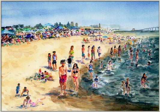 At the Water's Edge, 10x14 original watercolor painting by William Palm, crowded Jersey Shore beach scene