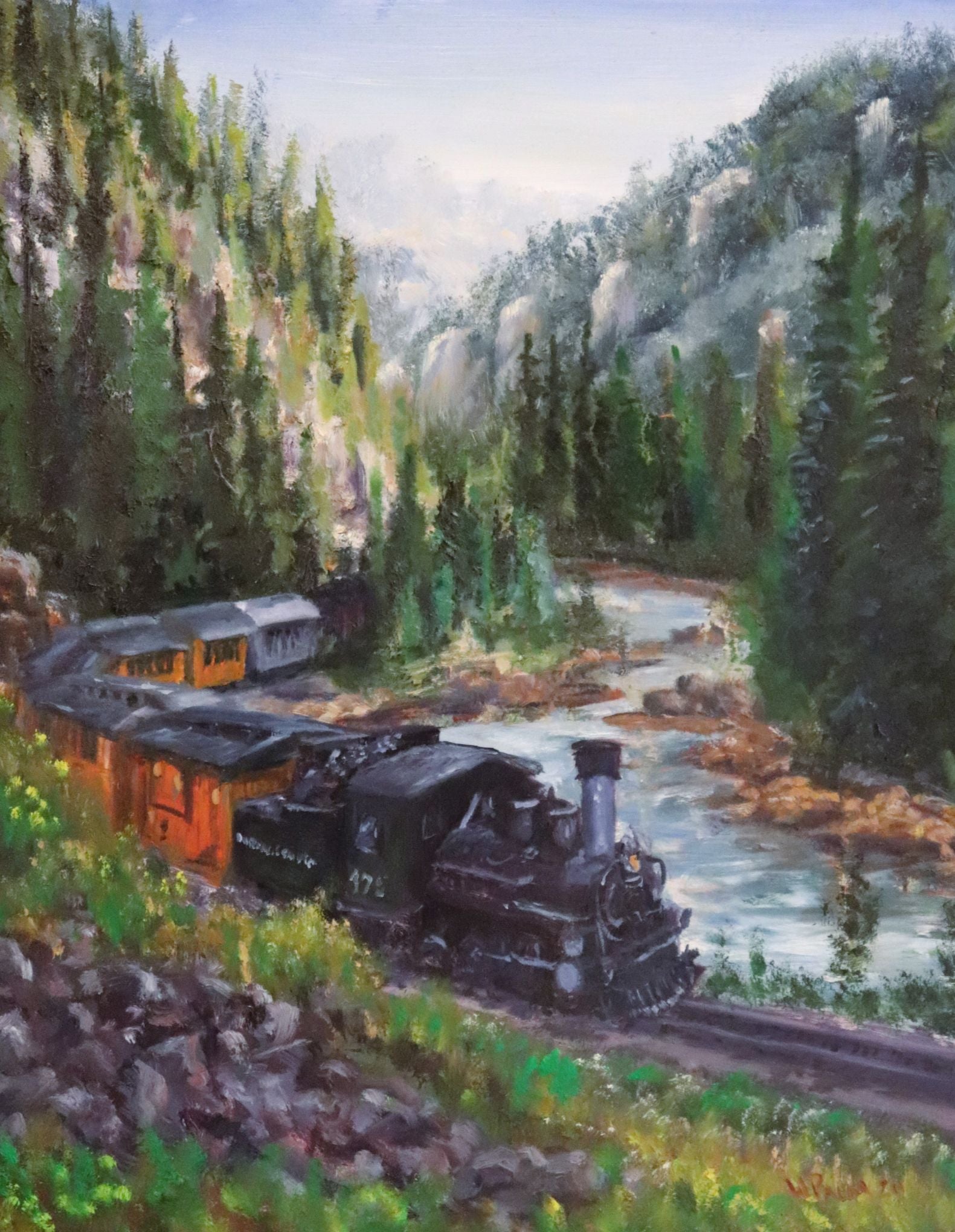 Durango and Silverton — original oil painting of steam locomotive on the Durango & Silverton Narrow Gauge Railroad, Colorado, by William Palm