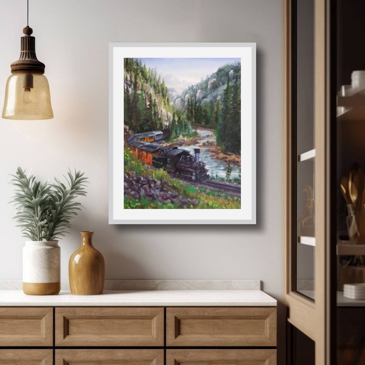 Durango and Silverton original oil painting displayed in a room setting — railroad art by William Palm