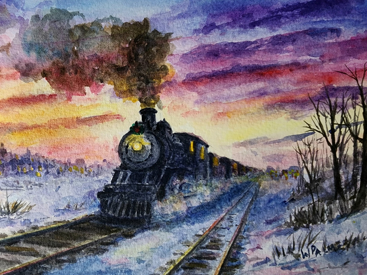 Homeward Through Winter Twilight 7x10 inch watercolor painting by William Palm 