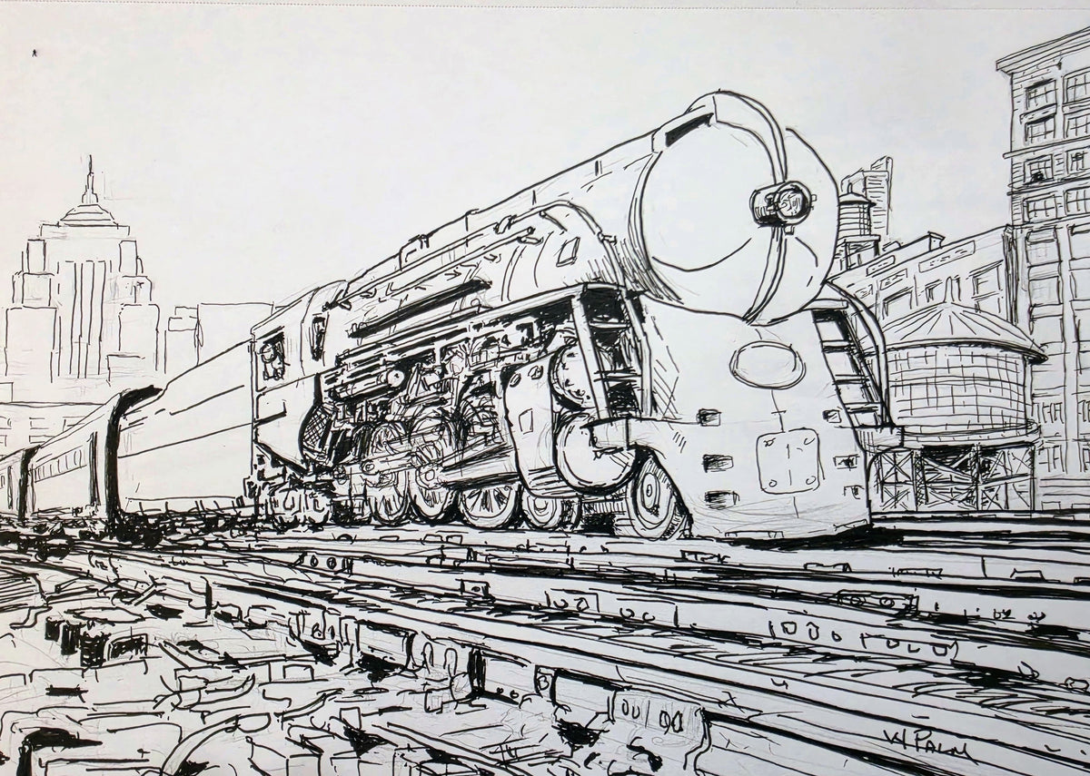 New York Central Leaving Chicago — original ink drawing coloring page by William Palm