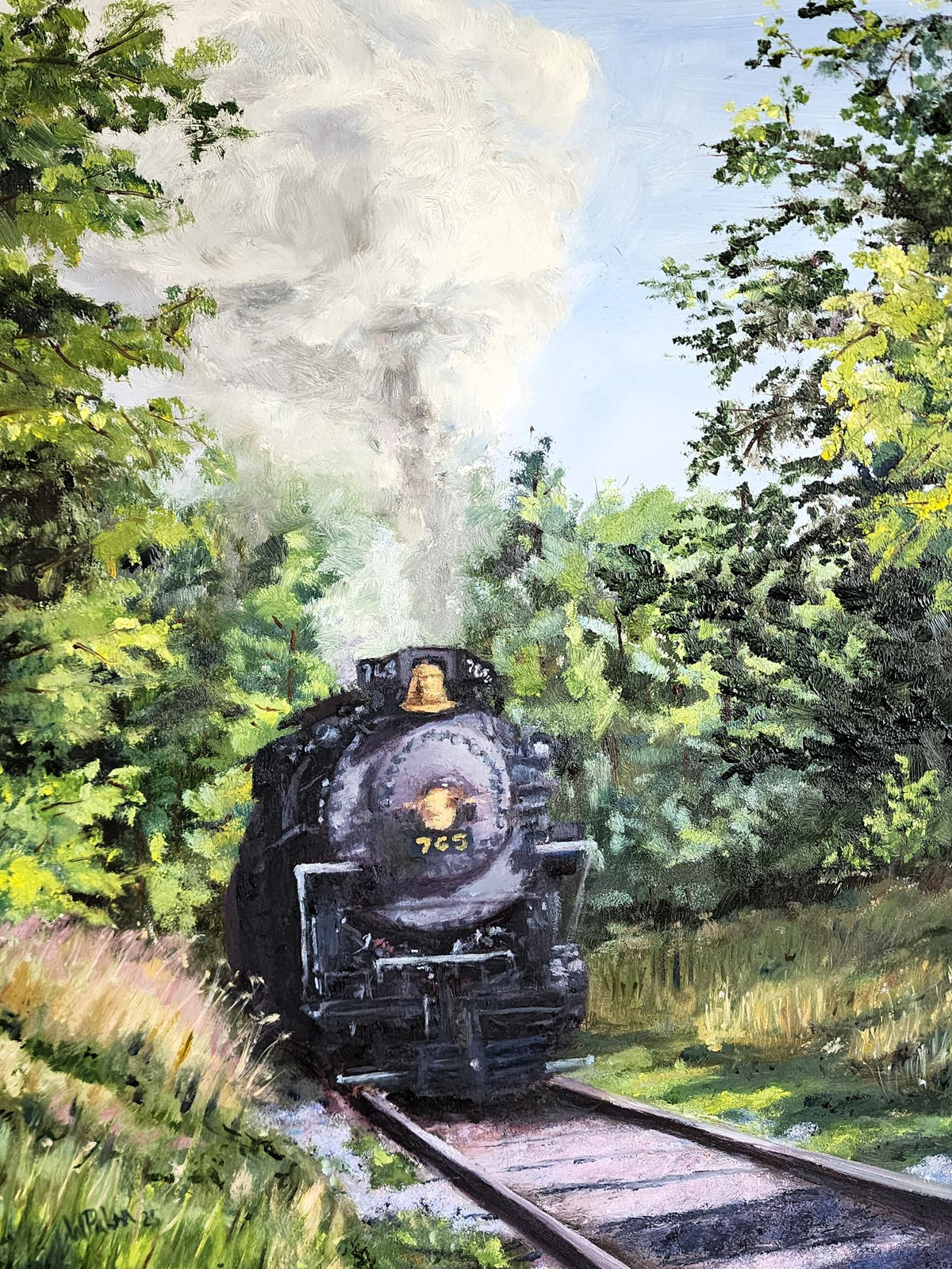 Nickel Plate Legacy, 12x16 oil on wood panel by William Palm, a steam locomotive emerging from a summer tree canopy with billowing white smoke