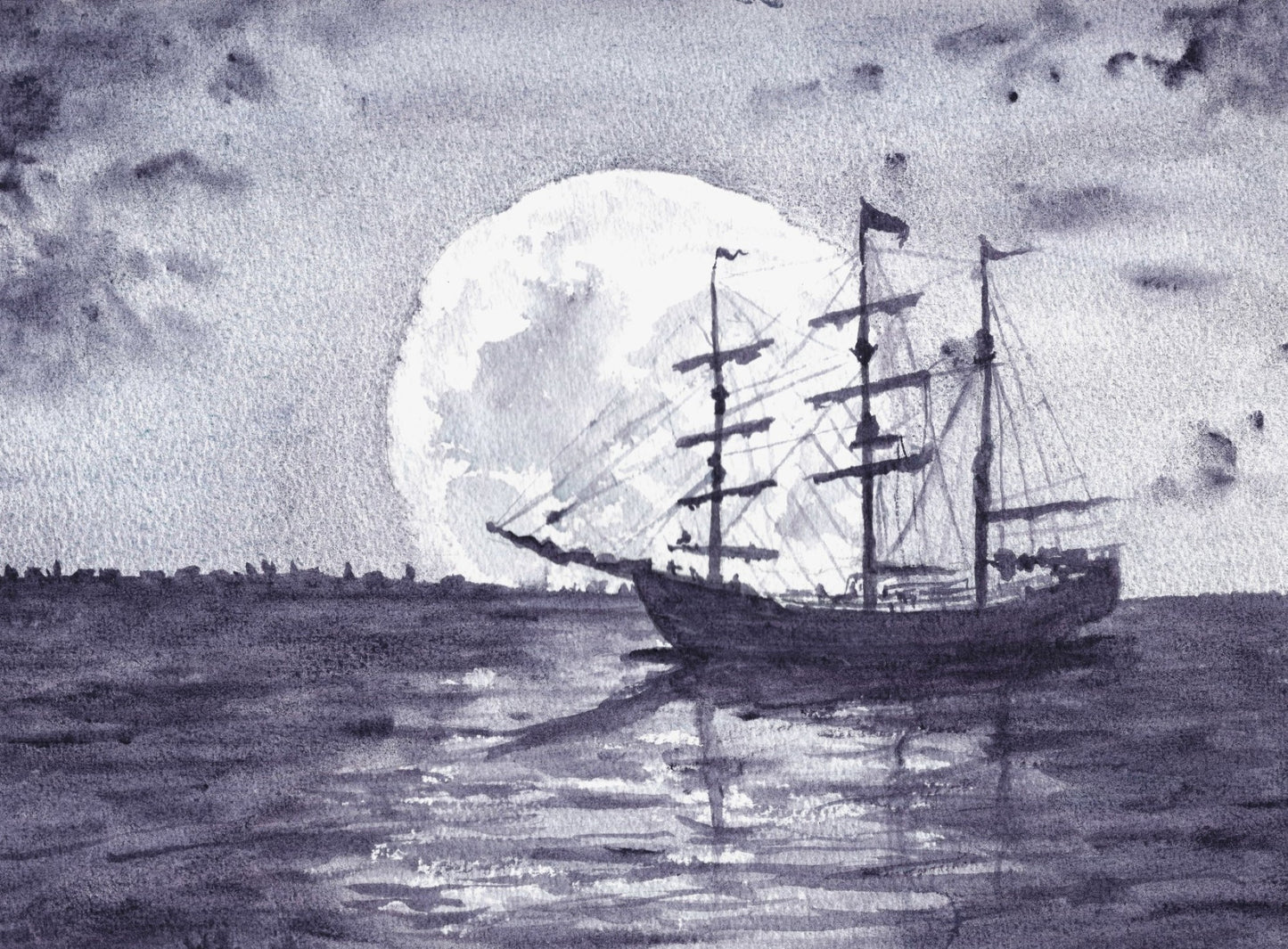 Pirate Moon - Original Watercolor Painting
