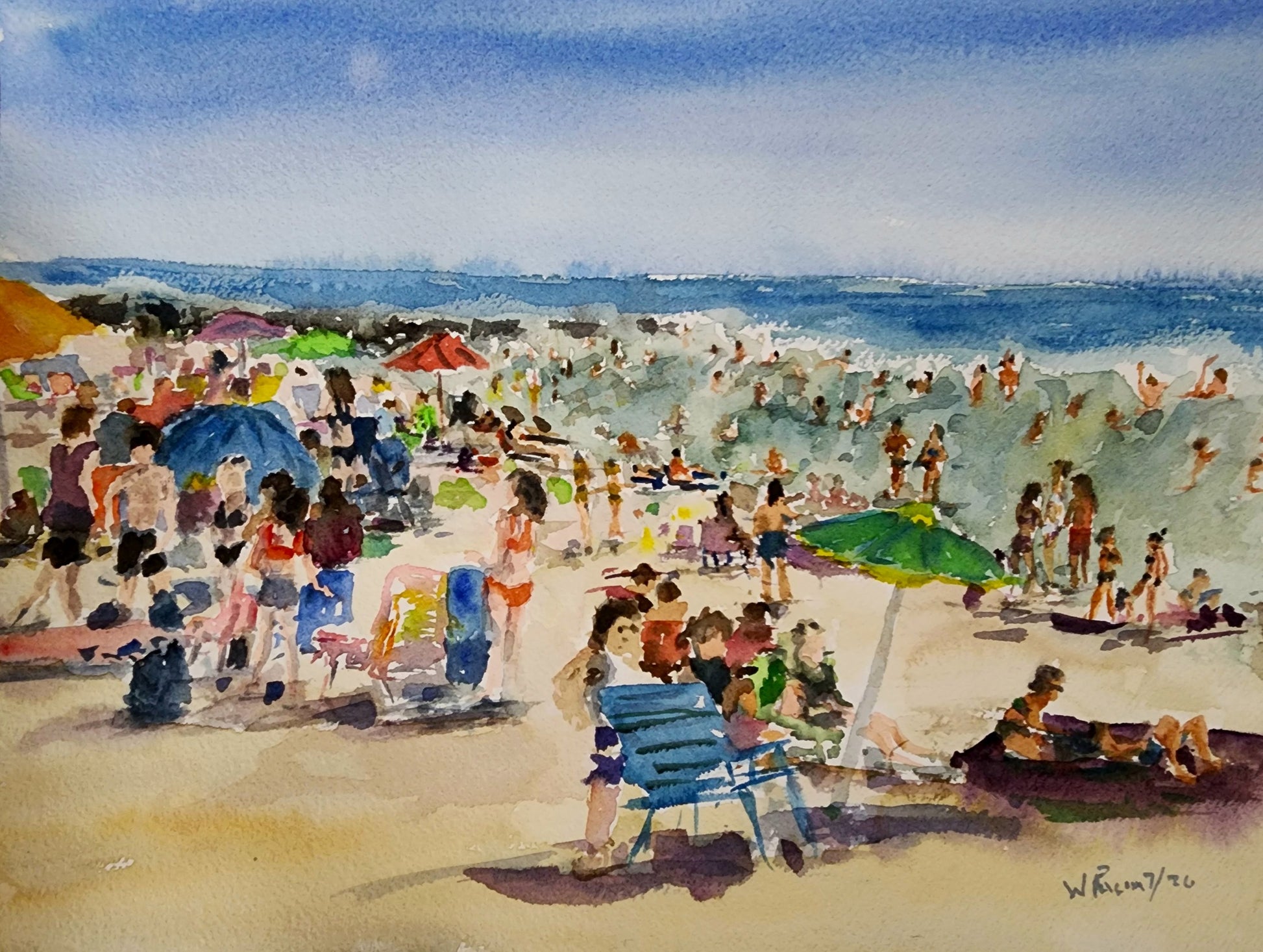 Summer at the Jersey Shore, original watercolor painting 10x14 inches by William Palm, crowded beach scene with colorful umbrellas and ocean waves