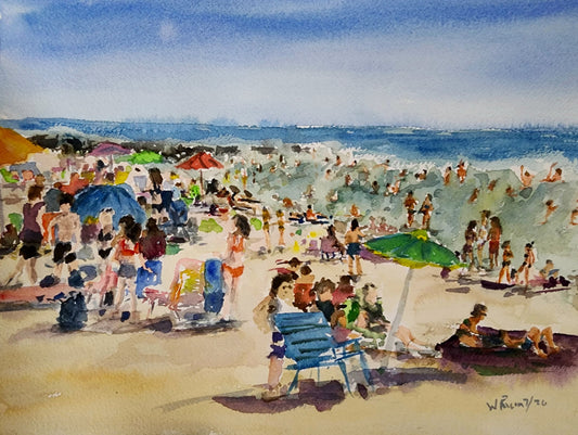 Summer at the Jersey Shore, original watercolor painting 10x14 inches by William Palm, crowded beach scene with colorful umbrellas and ocean waves