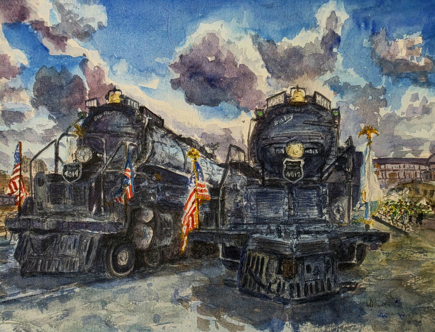Original watercolor painting of Big Boy locomotives 4014 and 4012 at Steamtown National Historic Site, 11x14 inches, by William Palm