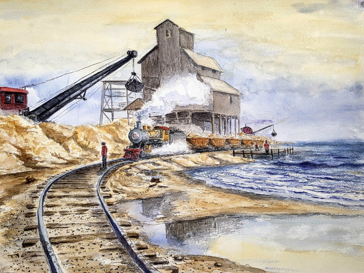 Original 22 by 30 inch watercolor by William Palm showing a train and curving railroad tracks beside a coastal industrial structure and shoreline