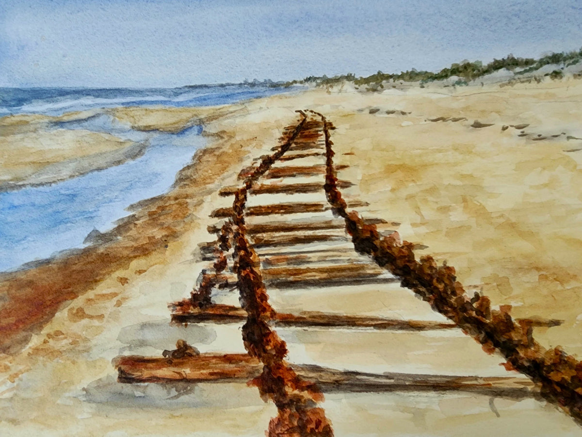 Where the Rails Meet the Sea, 9x12 watercolor by William Palm, rusty railroad tracks leading into the ocean on a sandy beach