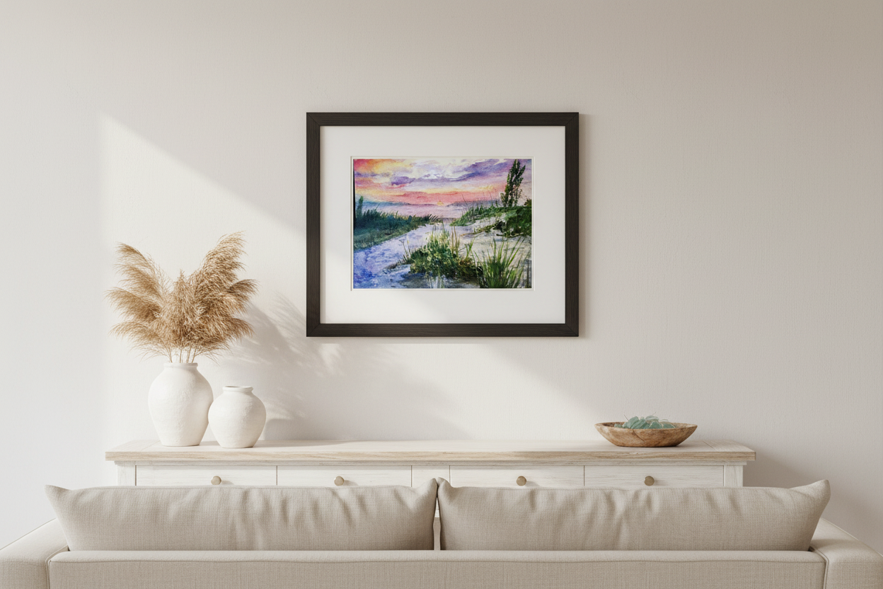 A Path to the Last Light – Framed with White Mat, Room Mockup
