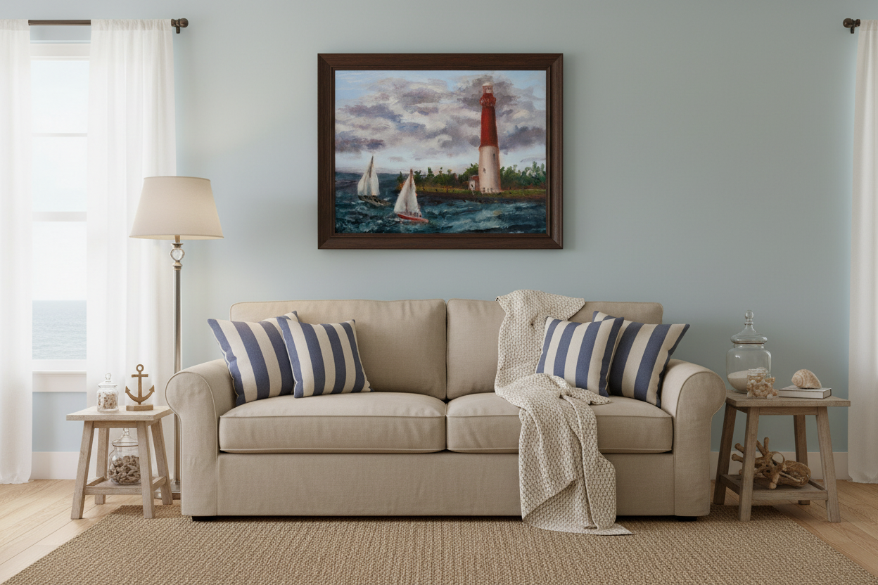 Coastal living room with Sailing Around Ol' Barney at 11x14"