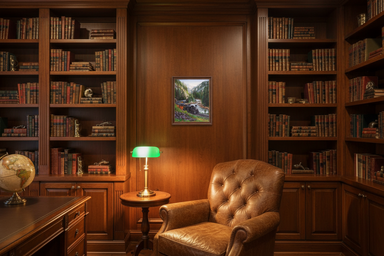 Durango and Silverton original oil painting displayed in a home office den setting — railroad art by William Palm Fine Art