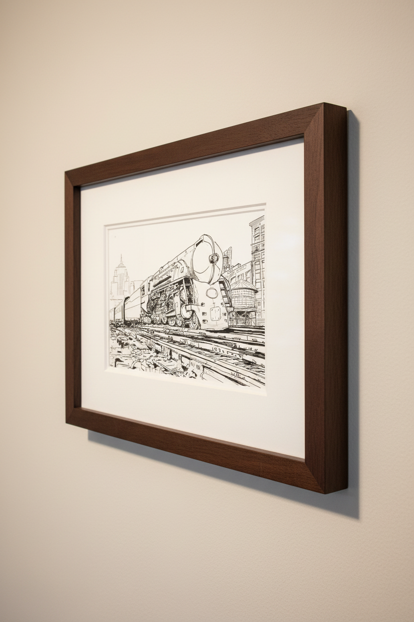 Close-up of framed New York Central Leaving Chicago — original ink drawing, 7×10 inches, William Palm