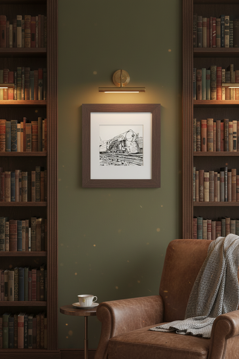 New York Central Leaving Chicago framed ink drawing in a cozy library — 7×10 inches, William Palm Fine Art