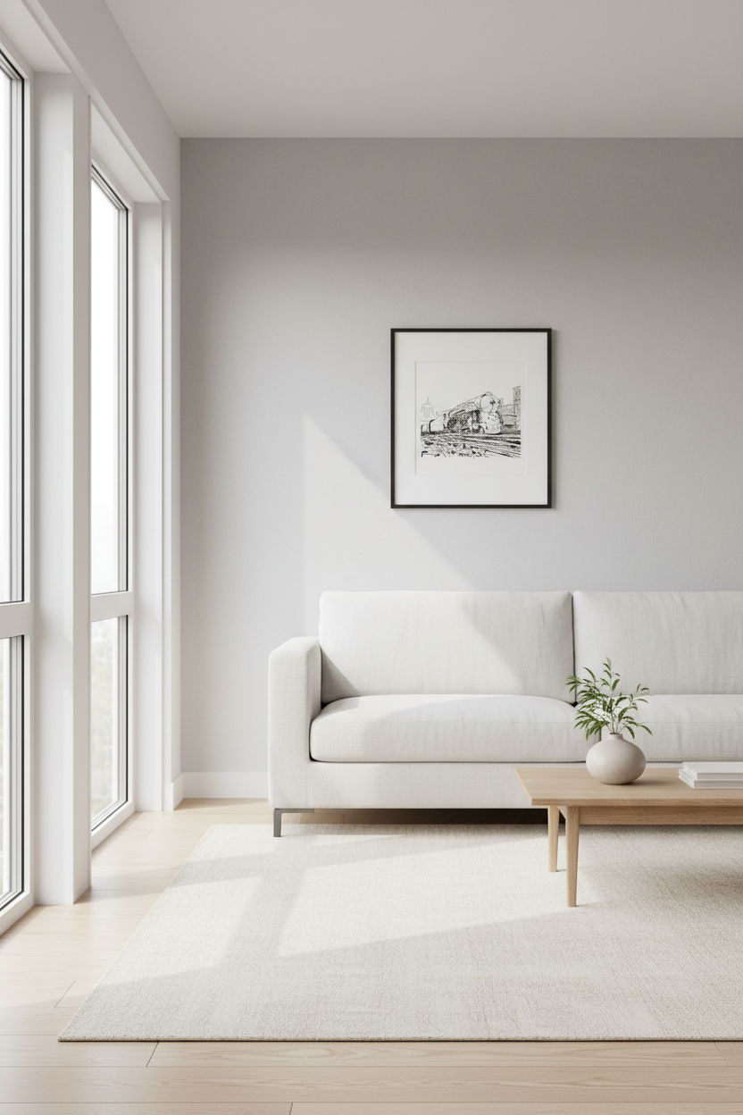 New York Central Leaving Chicago framed ink drawing in a modern living room — 7×10 inches, William Palm Fine Art
