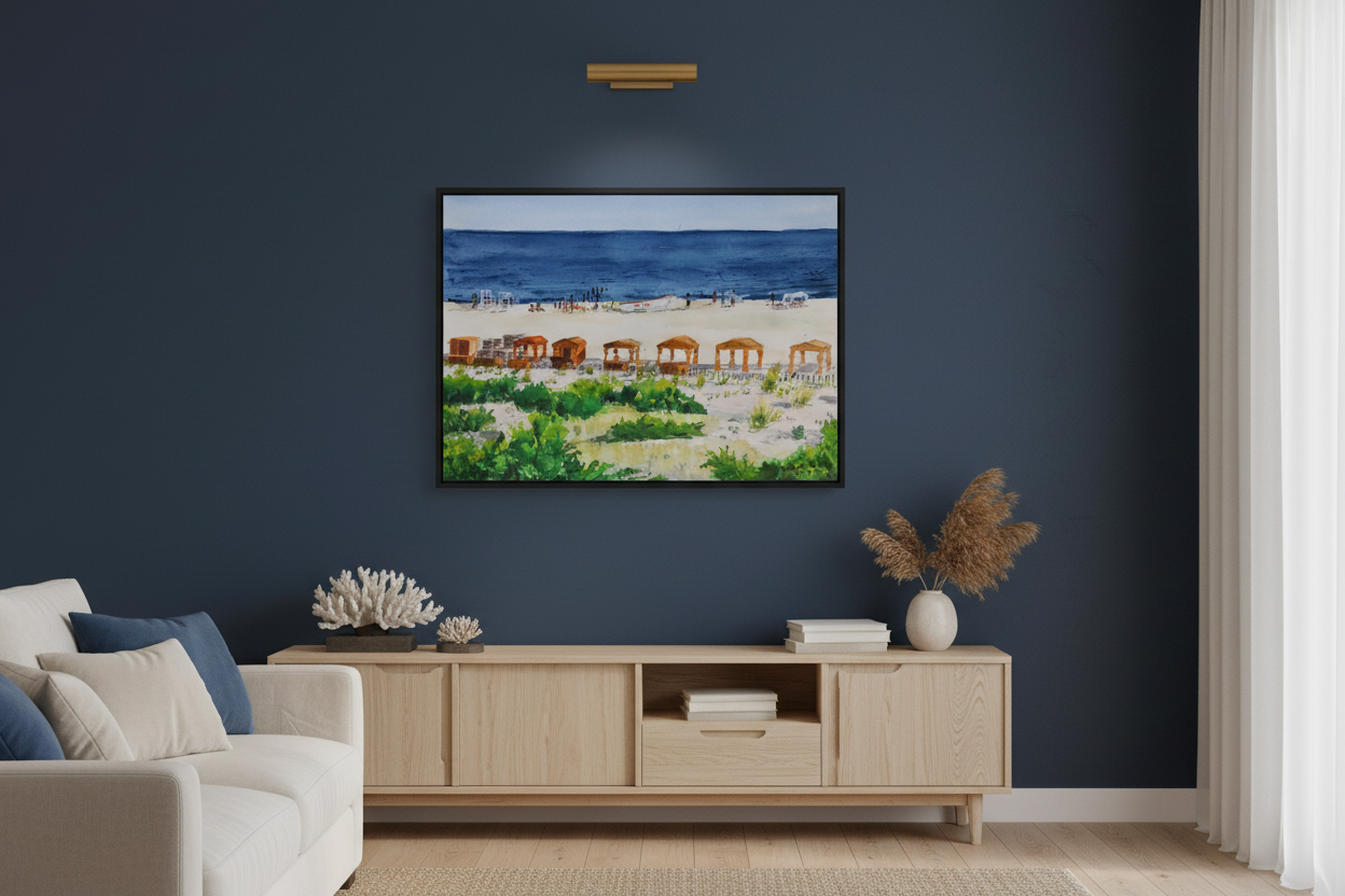 View from the Balcony watercolor in black frame on navy accent wall