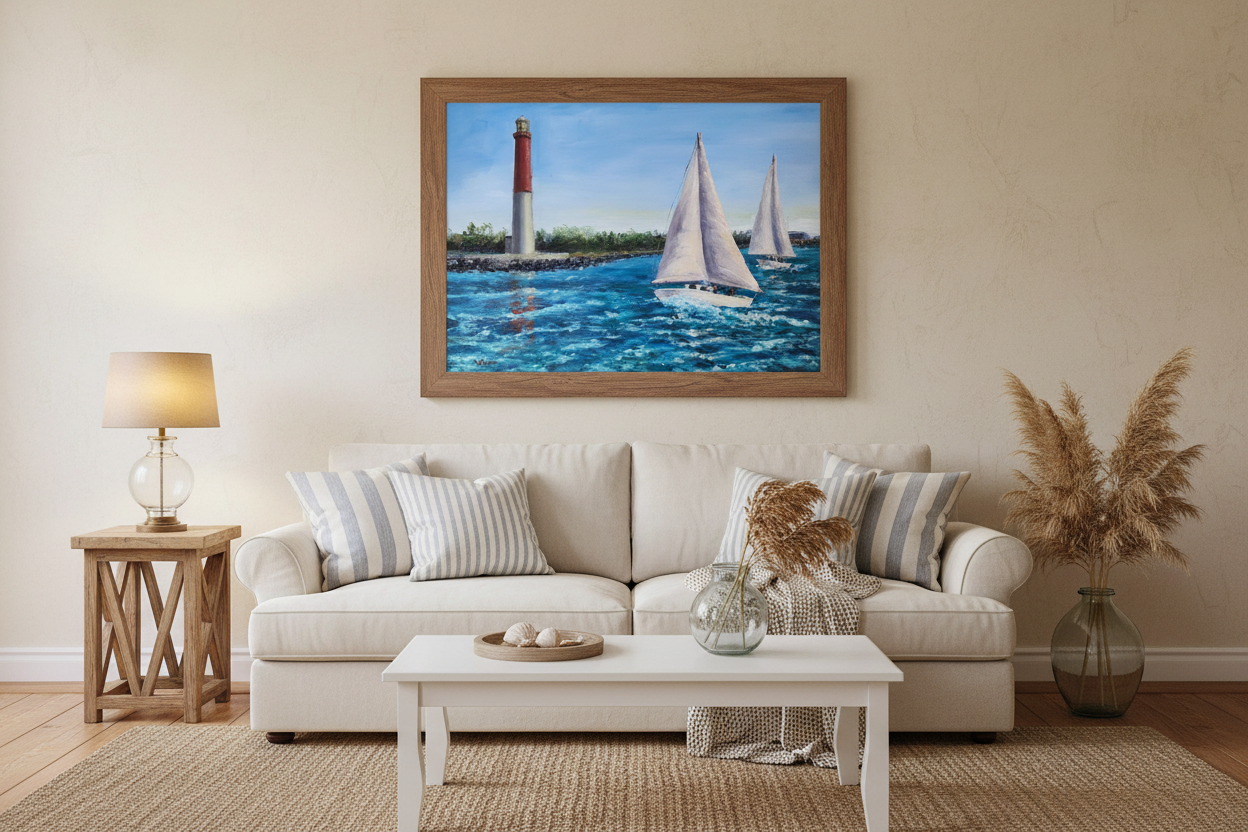 Sailing Around Barnegat oil painting displayed in a living room at true 18x24 inch size