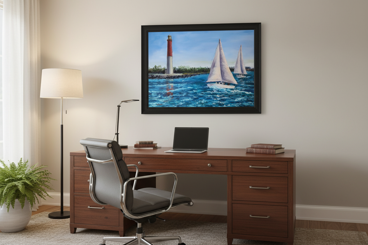 Sailing Around Barnegat oil painting in a home office at true 18x24 inch size