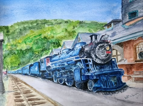 Original watercolor painting of a gleaming blue steam locomotive at the Jim Thorpe Pennsylvania station, surrounded by lush green mountains. 8.5x11 inches by William Palm.