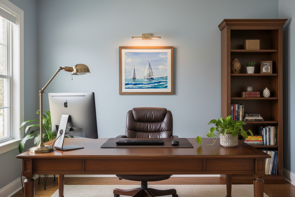 Sparkling Waters watercolor painting in a home office at true 8x8 inch size