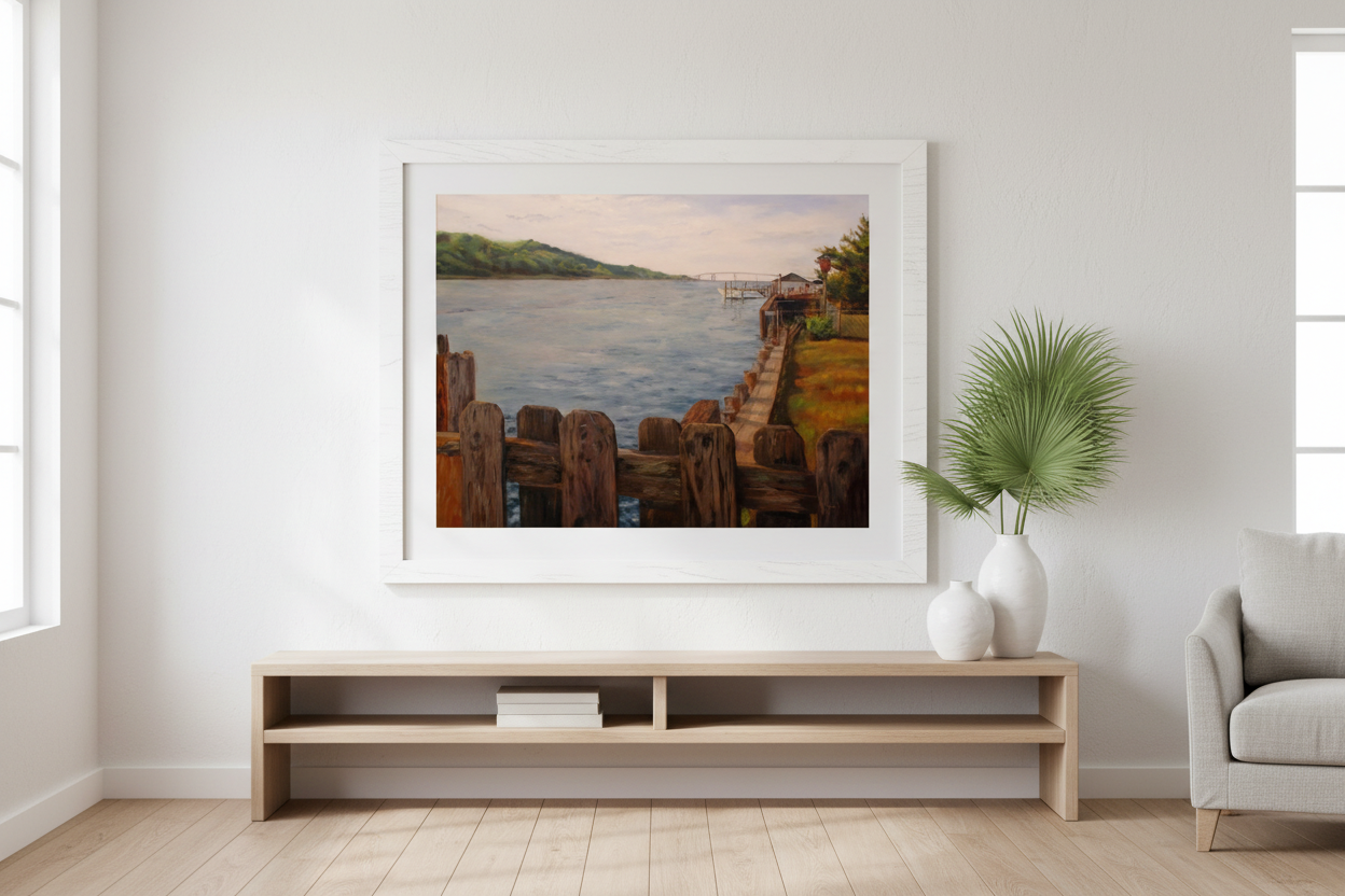 Shrewsbury River oil painting displayed in modern coastal home interior