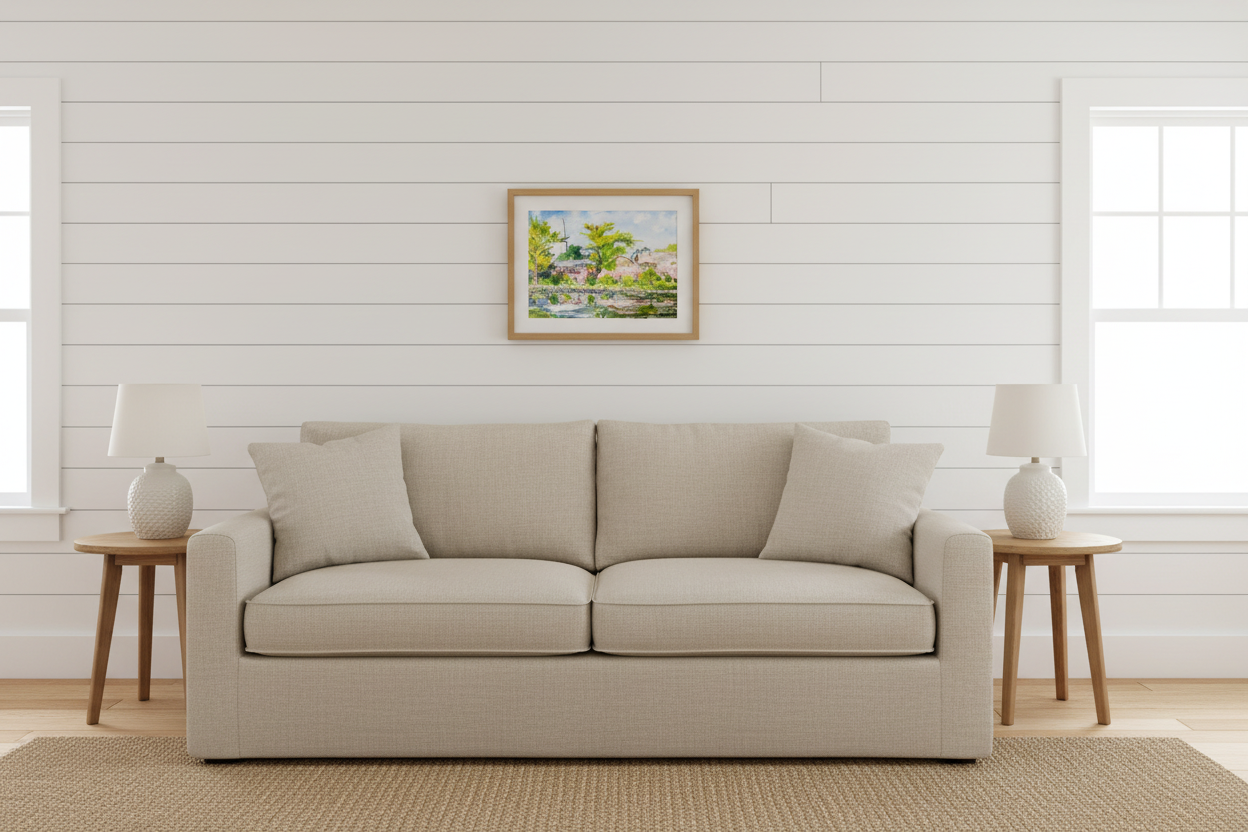 Spring Reflections, Westfield – small watercolor painting shown in a bright coastal cottage living room