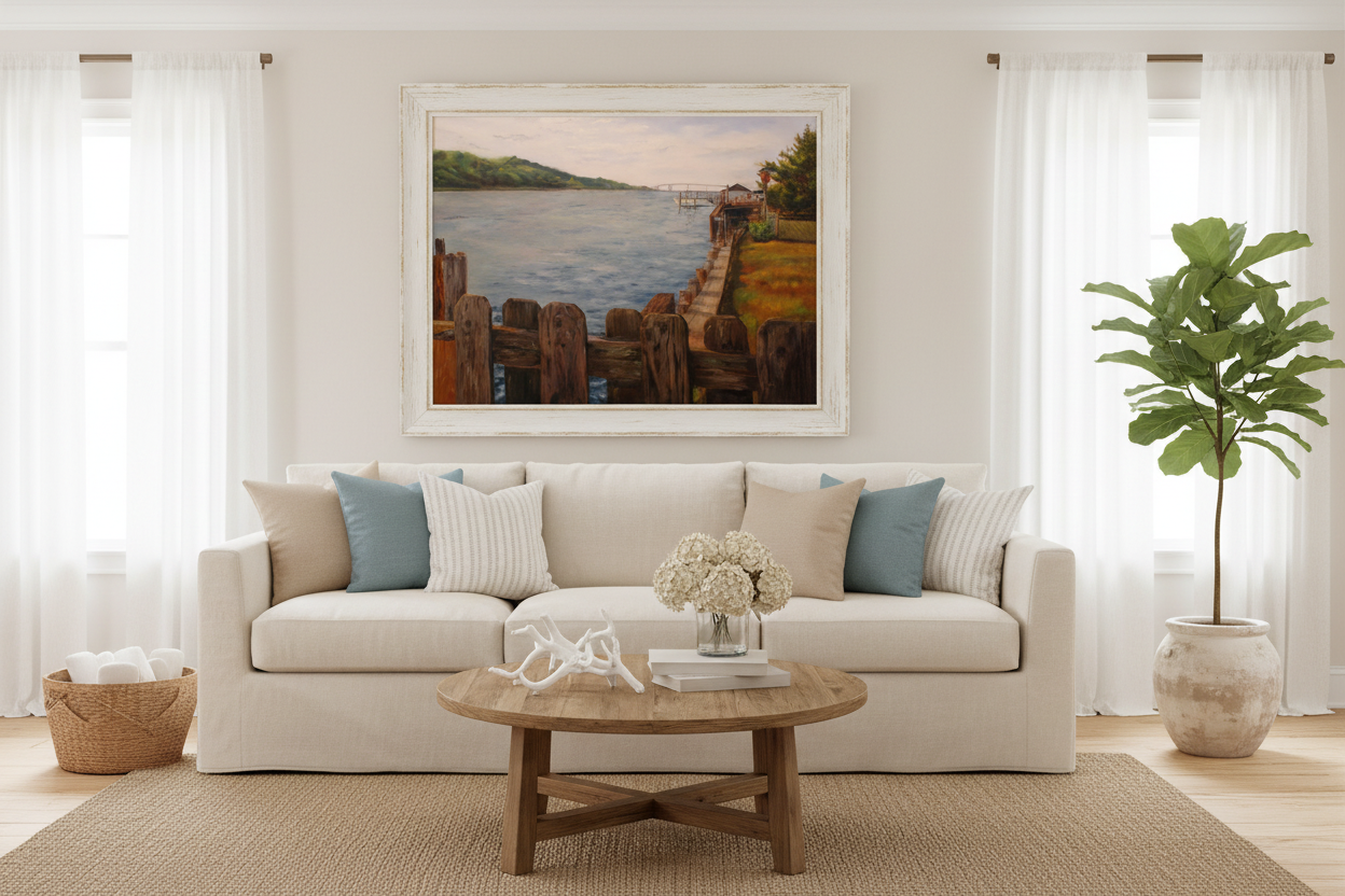 Shrewsbury River artwork framed in bright living room with coastal decor