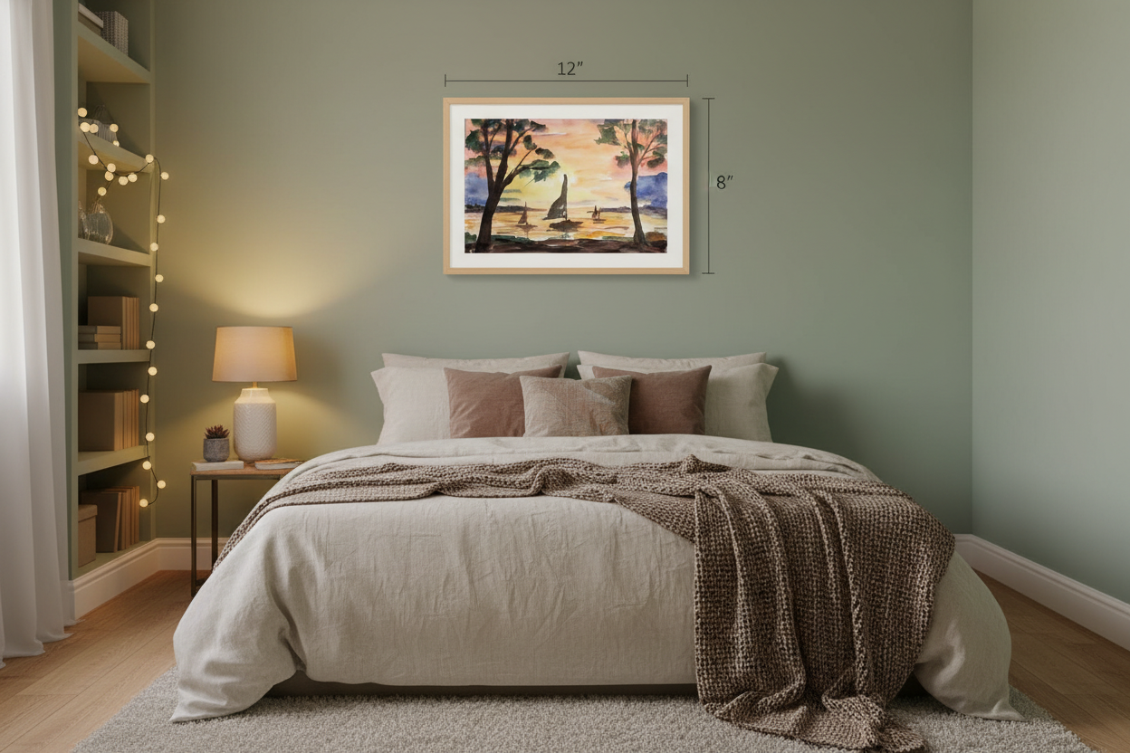 Sail Into Dusk watercolor painting in a bedroom at true 12x18 inch size