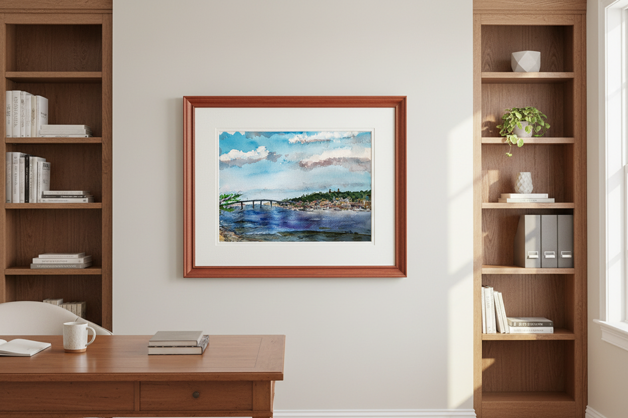 Atlantic Highlands from Sandy Hook watercolor painting framed in cherry wood with white mat, displayed in a home office
