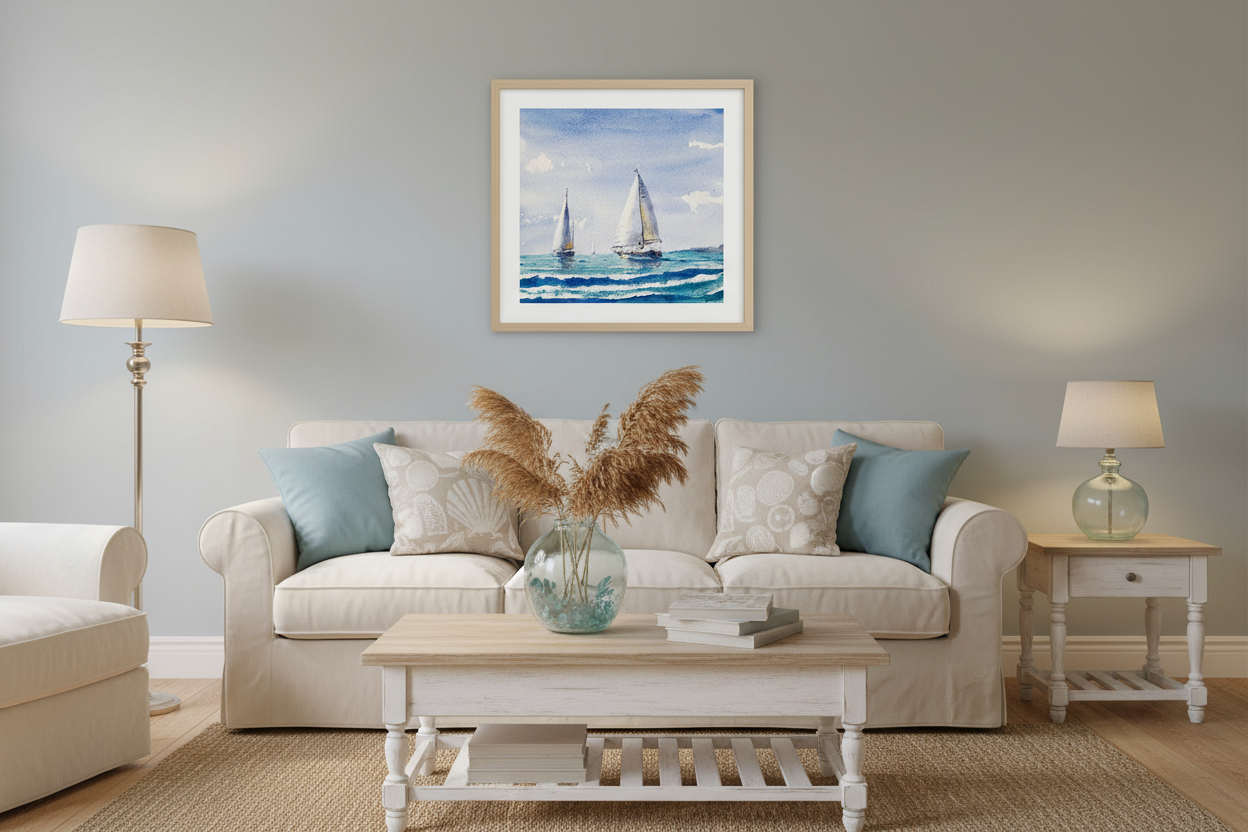 Sparkling Waters watercolor painting displayed in a living room at true 8x8 inch size