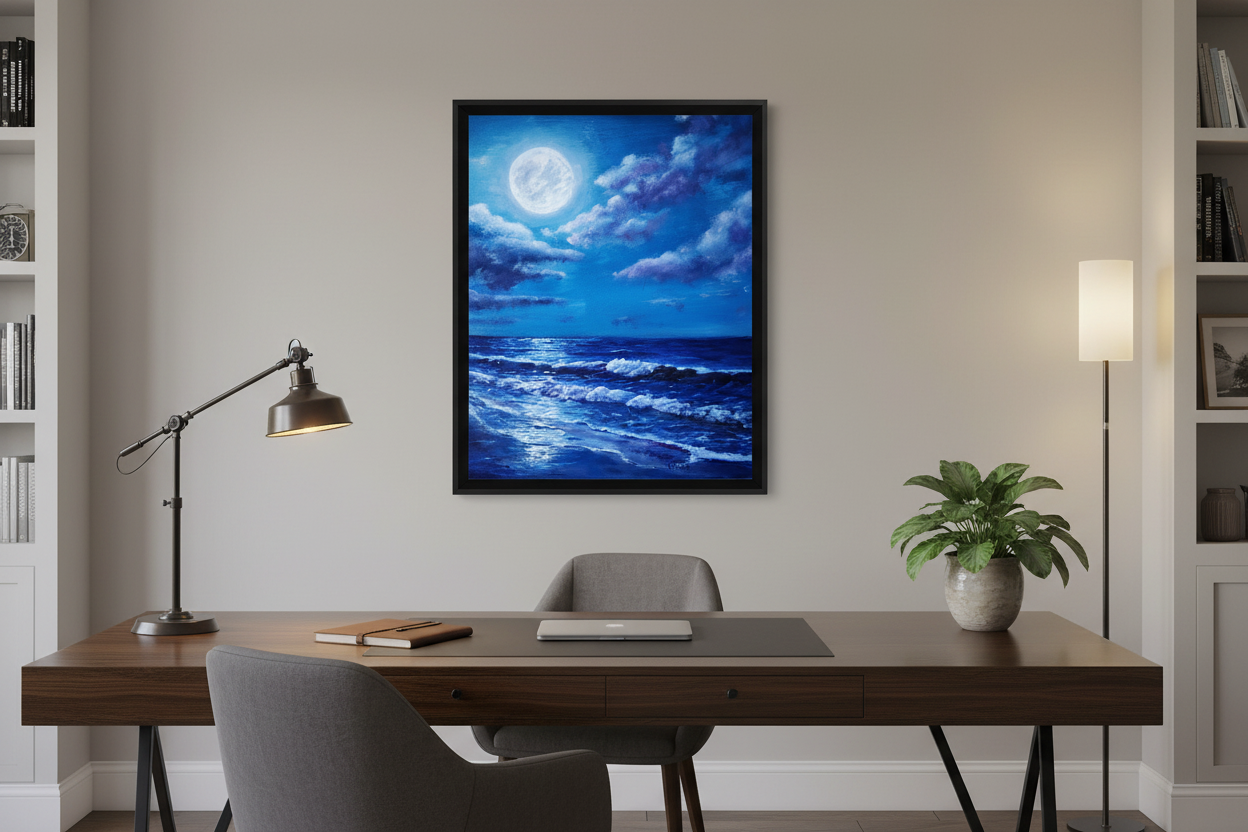 Moonlit Tide oil painting in a home office at true 16x20 inch size