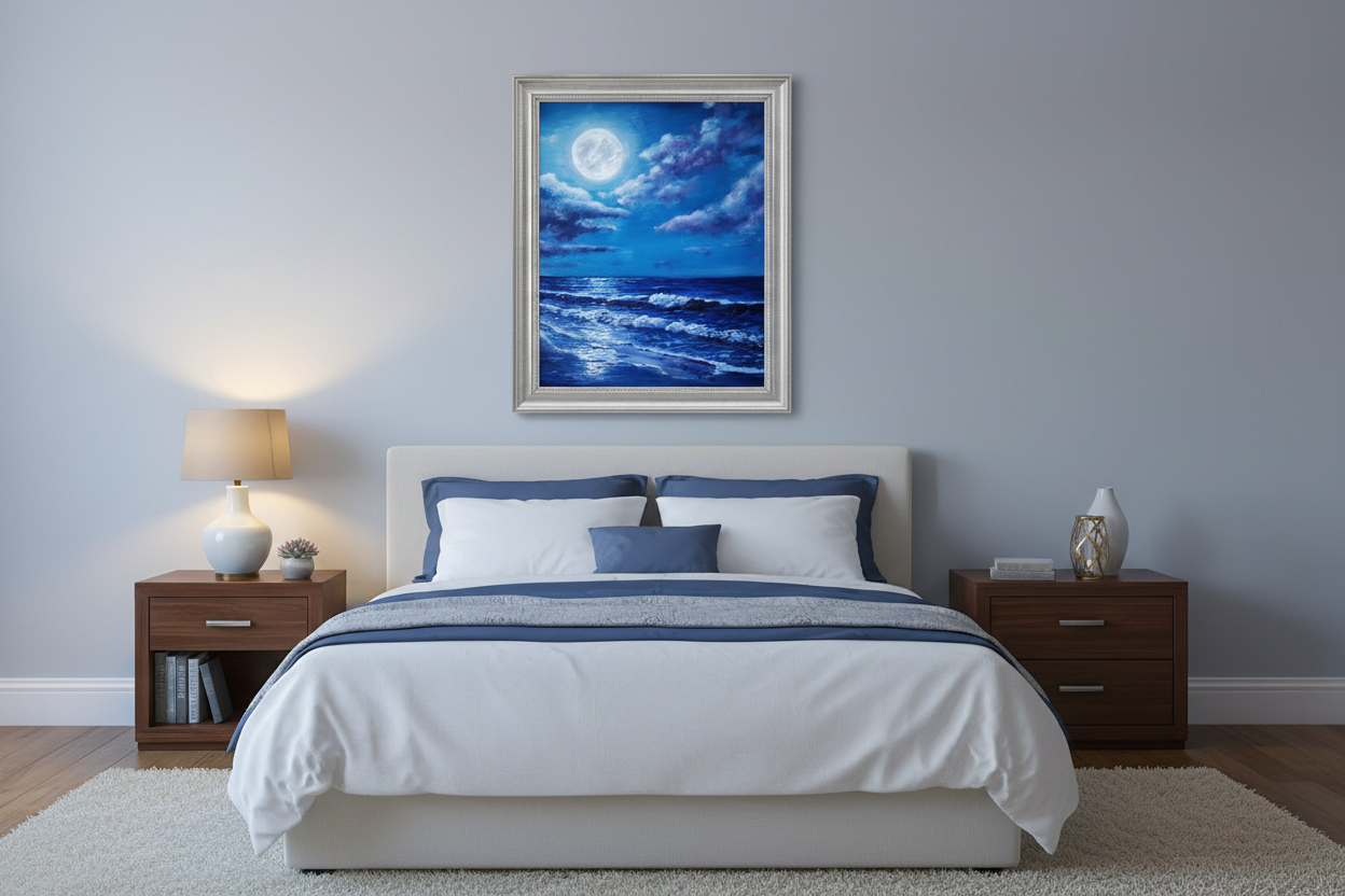 Moonlit Tide oil painting in a bedroom at true 16x20 inch size
