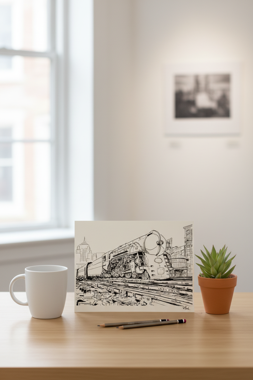 New York Central Leaving Chicago — original ink drawing shown at real-life 7×10 inch scale on a desk, William Palm Fine Art