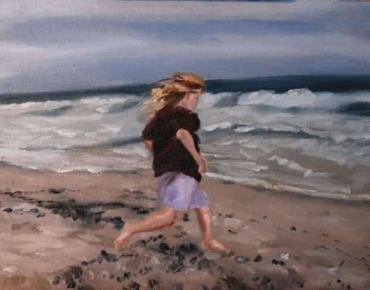 Running Free, 11x14 oil on canvas by William Palm, a young girl running barefoot along the shoreline with waves behind her